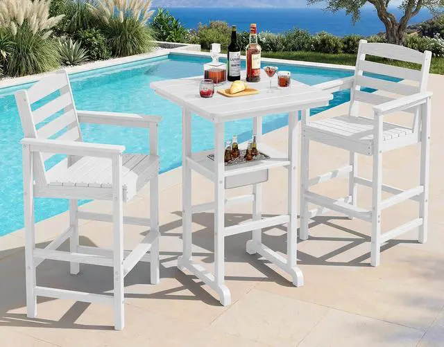 Main image of Balcony Adirondack Chairs and Table 3 Pieces Set, HDPE Bar Height Chairs Set of 2 and Bar Table with Ice Bucket, Outdoor Bar Stools Set for Bistro, Poolside, Backyard, White