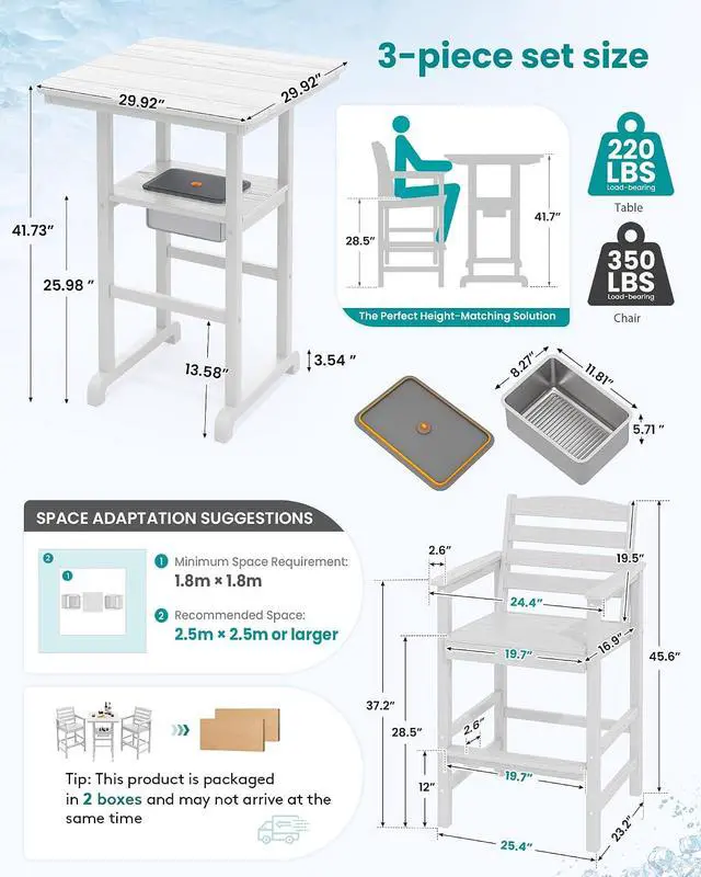 Alt view image 2 of 7 - Balcony Adirondack Chairs and Table 3 Pieces Set, HDPE Bar Height Chairs Set of 2 and Bar Table with Ice Bucket, Outdoor Bar Stools Set for Bistro, Poolside, Backyard, White