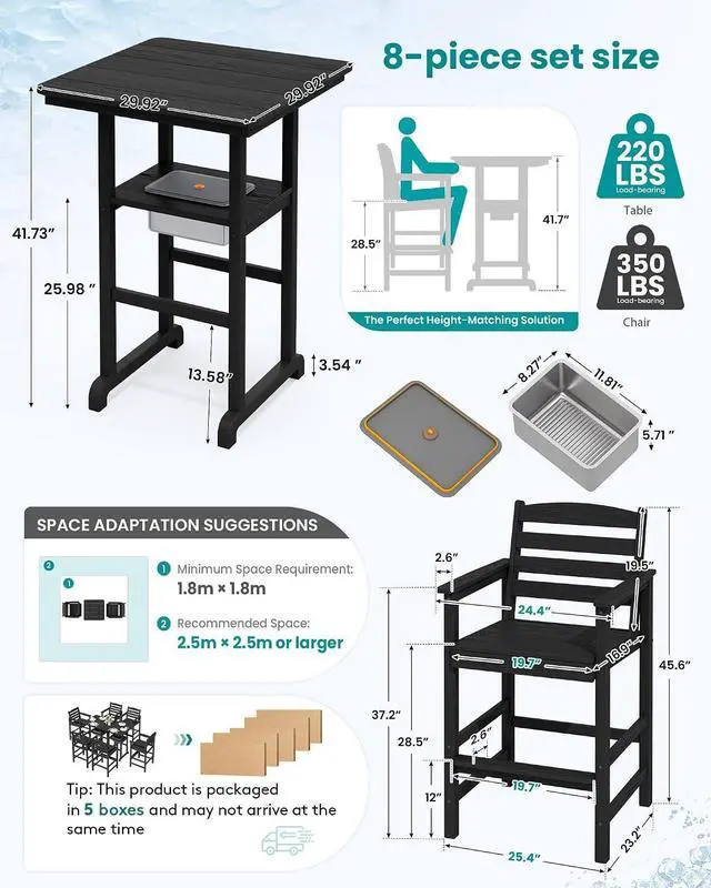 Alt view image 2 of 7 - Adirondack Bar Chairs and Table 8 Pieces Set, HDPE Bar Height Chairs Set of 2 and Bar Table with Ice Bucket, Outdoor Bar Stools Set for Dining, Balcony, Poolside, Backyard, Black