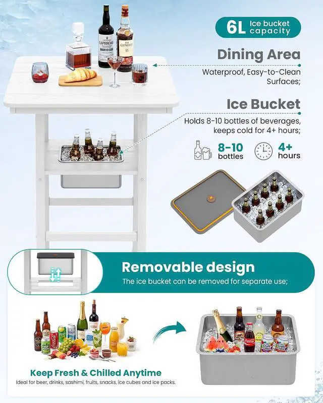 Alt view image 3 of 7 - Adirondack Bar Chairs and Table 3 Pieces Set with Umbrella, HDPE Bar Height Chairs Set of 2 and Bar Table with Ice Bucket, Outdoor Bar Stools Set for Balcony, Poolside, Backyard, White