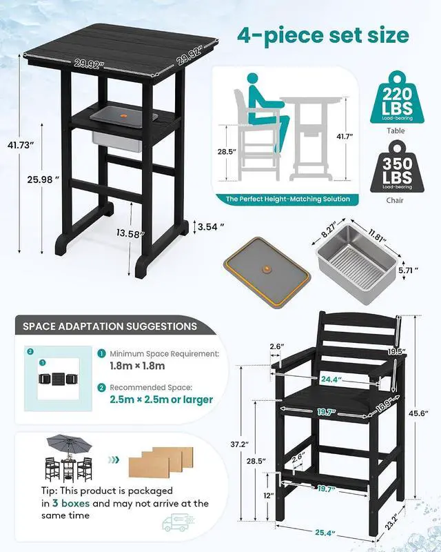 Alt view image 2 of 7 - Adirondack Bar Chairs and Table 3 Pieces Set with Umbrella, HDPE Bar Height Chairs Set of 2 and Bar Table with Ice Bucket, Outdoor Bar Stools Set for Balcony, Poolside, Backyard, Black