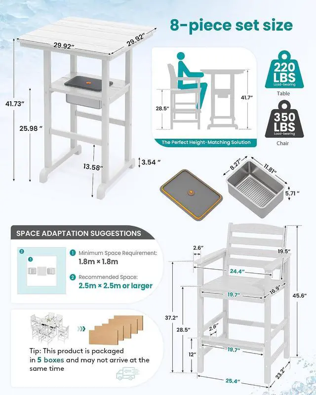 Alt view image 2 of 7 - Adirondack Bar Chairs and Table 8 Pieces Set, HDPE Bar Height Chairs Set of 2 and Bar Table with Ice Bucket, Outdoor Bar Stools Set for Dining, Balcony, Poolside, Backyard, White