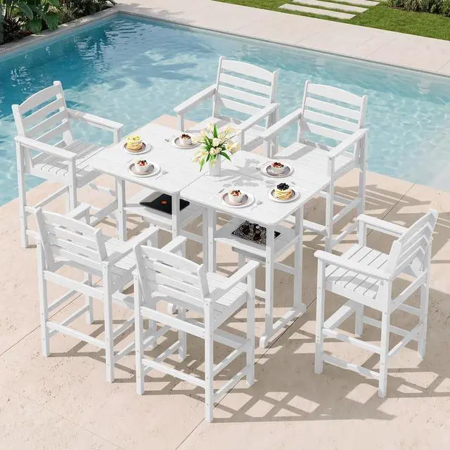 Main image of Adirondack Bar Chairs and Table 8 Pieces Set, HDPE Bar Height Chairs Set of 2 and Bar Table with Ice Bucket, Outdoor Bar Stools Set for Dining, Balcony, Poolside, Backyard, White