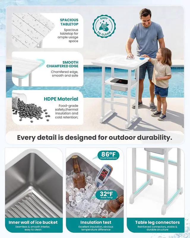 Alt view image 4 of 7 - Adirondack Bar Chairs and Table 3 Pieces Set with Umbrella, HDPE Bar Height Chairs Set of 2 and Bar Table with Ice Bucket, Outdoor Bar Stools Set for Balcony, Poolside, Backyard, White