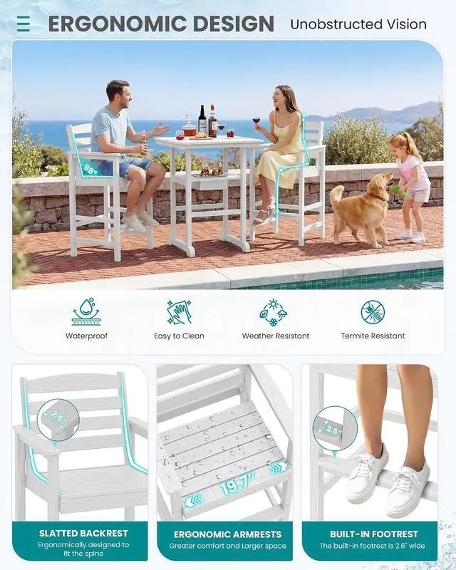Alt view image 5 of 7 - Adirondack Bar Chairs and Table 3 Pieces Set with Umbrella, HDPE Bar Height Chairs Set of 2 and Bar Table with Ice Bucket, Outdoor Bar Stools Set for Balcony, Poolside, Backyard, White
