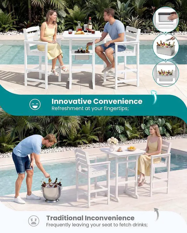 Alt view image 6 of 7 - Adirondack Bar Chairs and Table 3 Pieces Set with Umbrella, HDPE Bar Height Chairs Set of 2 and Bar Table with Ice Bucket, Outdoor Bar Stools Set for Balcony, Poolside, Backyard, White