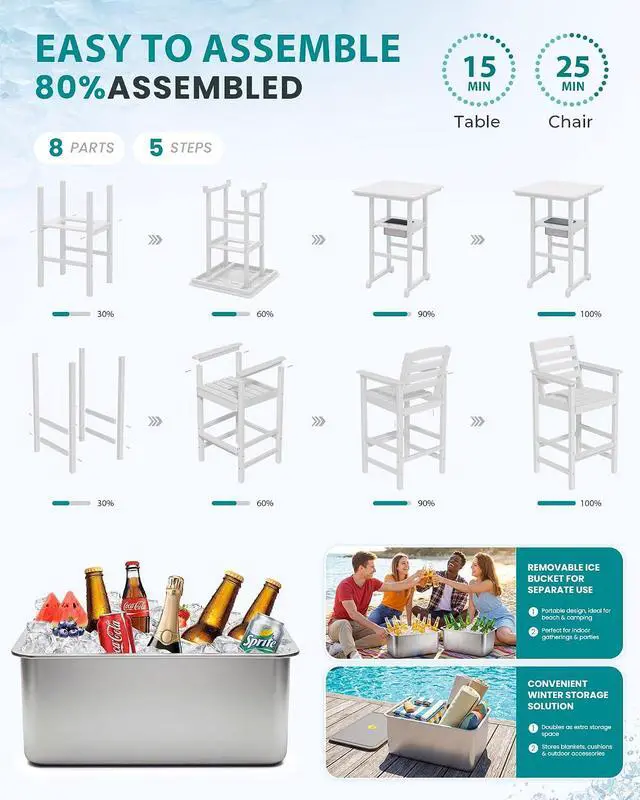Alt view image 7 of 7 - Adirondack Bar Chairs and Table 3 Pieces Set with Umbrella, HDPE Bar Height Chairs Set of 2 and Bar Table with Ice Bucket, Outdoor Bar Stools Set for Balcony, Poolside, Backyard, White