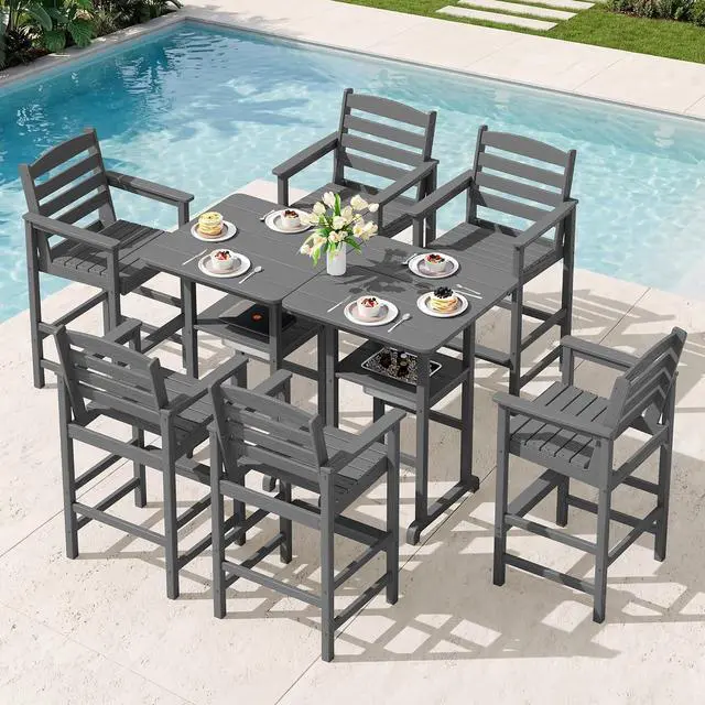 Main image of Adirondack Bar Chairs and Table 8 Pieces Set, HDPE Bar Height Chairs Set of 2 and Bar Table with Ice Bucket, Outdoor Bar Stools Set for Dining, Balcony, Poolside, Backyard, Grey
