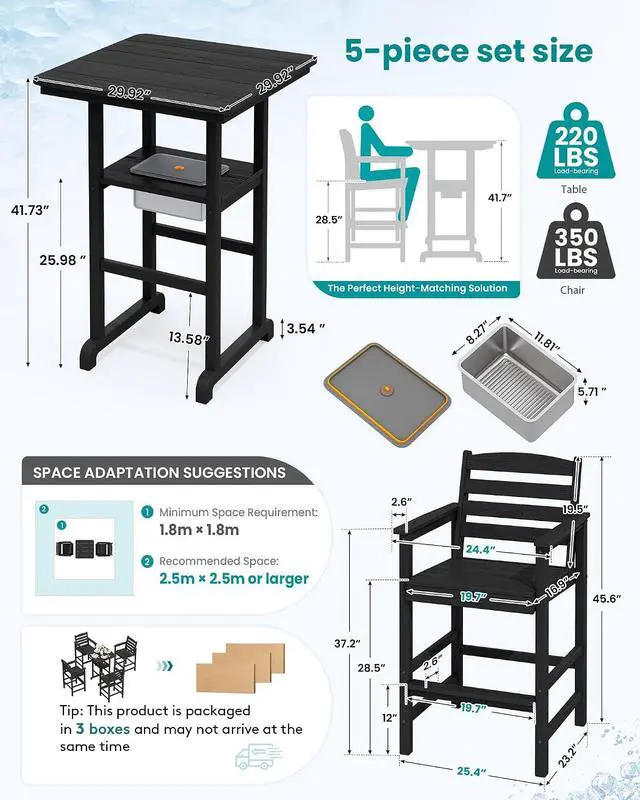 Alt view image 2 of 7 - Adirondack Bar Chairs and Table 5 Pieces Set, HDPE Bar Height Chairs Set of 2 and Bar Table with Ice Bucket, Outdoor Bar Stools Set for Balcony, Poolside, Backyard, Black