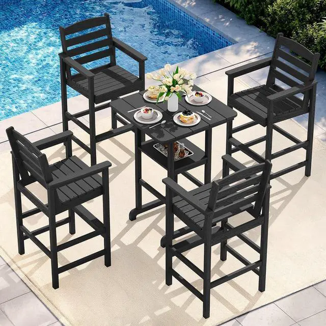 Main image of Adirondack Bar Chairs and Table 5 Pieces Set, HDPE Bar Height Chairs Set of 2 and Bar Table with Ice Bucket, Outdoor Bar Stools Set for Balcony, Poolside, Backyard, Black