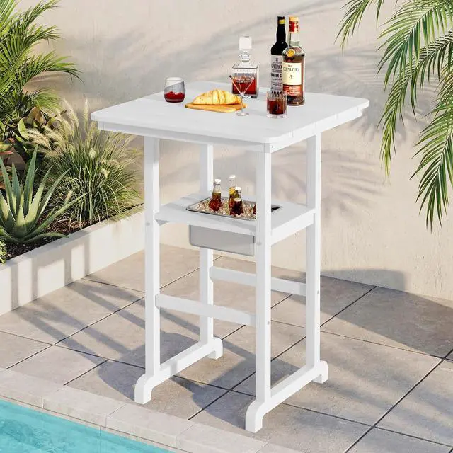 Main image of HDPE 41.7'' Bar Table with Ice Bucket, Bar Height Table with Ice Bucket, 30'' x 30'' Square Bar Tables Bistro, Poolside, Backyard, White
