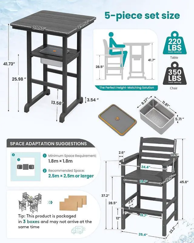Alt view image 2 of 7 - Adirondack Bar Chairs and Table 5 Pieces Set, HDPE Bar Height Chairs Set of 2 and Bar Table with Ice Bucket, Outdoor Bar Stools Set for Balcony, Poolside, Backyard, Grey
