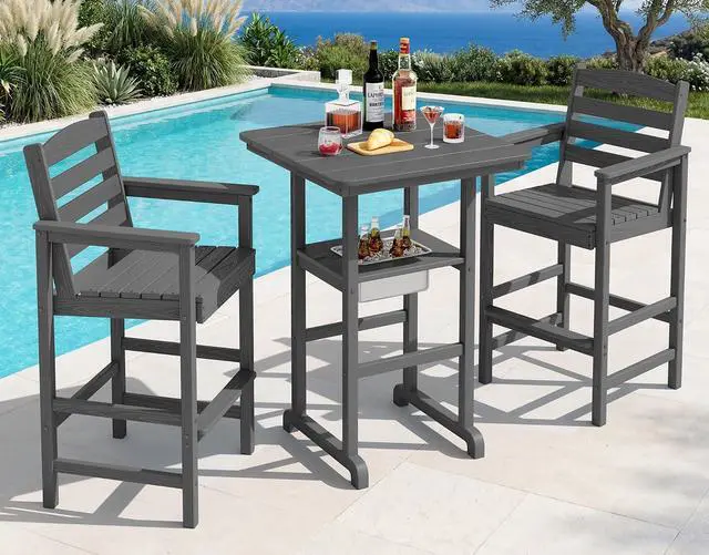 Main image of Balcony Adirondack Chairs and Table 3 Pieces Set, HDPE Bar Height Chairs Set of 2 and Bar Table with Ice Bucket, Outdoor Bar Stools Set for Bistro, Poolside, Backyard, Grey