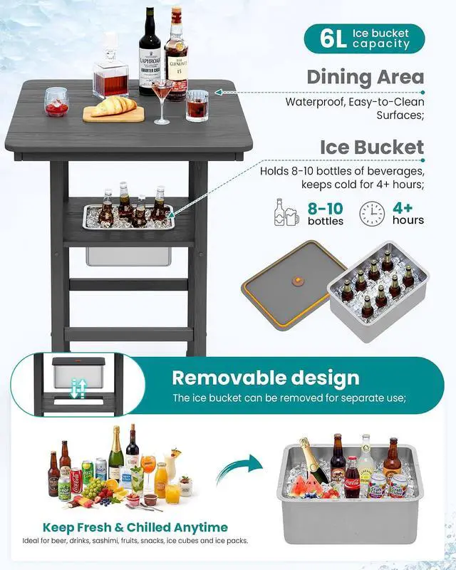 Alt view image 3 of 7 - Adirondack Bar Chairs and Table 3 Pieces Set with Umbrella, HDPE Bar Height Chairs Set of 2 and Bar Table with Ice Bucket, Outdoor Bar Stools Set for Balcony, Poolside, Backyard, Grey
