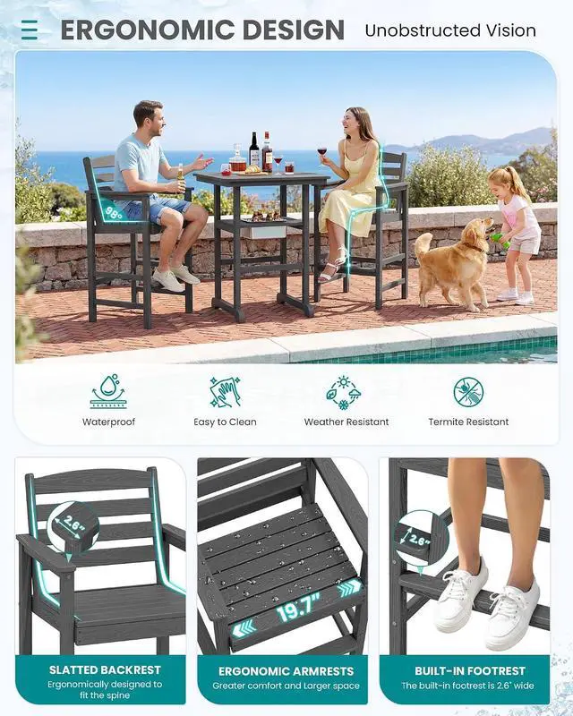 Alt view image 5 of 7 - Adirondack Bar Chairs and Table 3 Pieces Set with Umbrella, HDPE Bar Height Chairs Set of 2 and Bar Table with Ice Bucket, Outdoor Bar Stools Set for Balcony, Poolside, Backyard, Grey