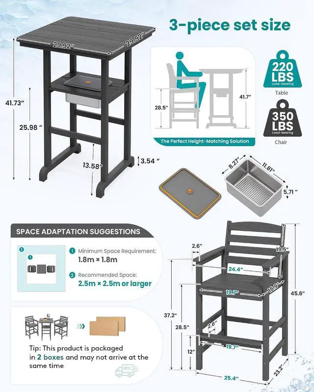 Alt view image 2 of 7 - Balcony Adirondack Chairs and Table 3 Pieces Set, HDPE Bar Height Chairs Set of 2 and Bar Table with Ice Bucket, Outdoor Bar Stools Set for Bistro, Poolside, Backyard, Grey
