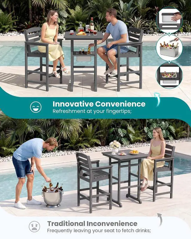 Alt view image 6 of 7 - Adirondack Bar Chairs and Table 3 Pieces Set with Umbrella, HDPE Bar Height Chairs Set of 2 and Bar Table with Ice Bucket, Outdoor Bar Stools Set for Balcony, Poolside, Backyard, Grey