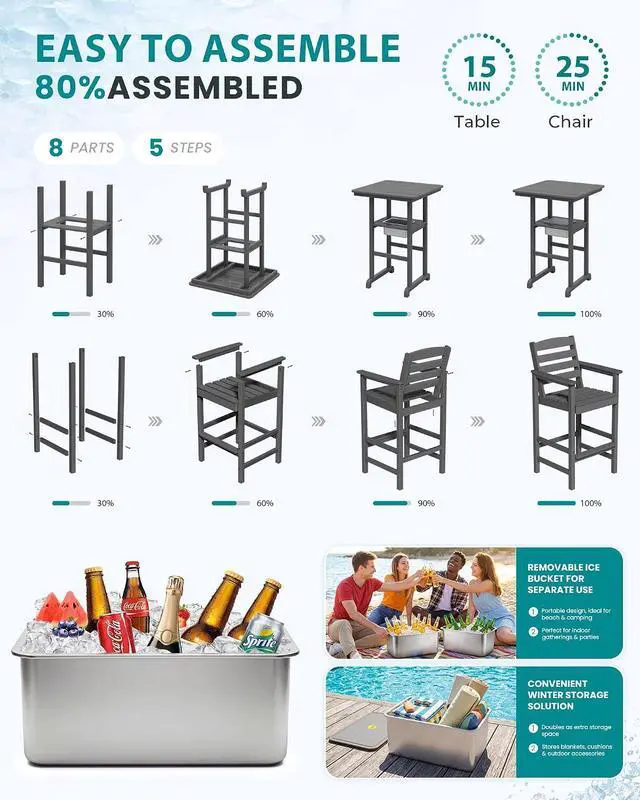 Alt view image 7 of 7 - Adirondack Bar Chairs and Table 3 Pieces Set with Umbrella, HDPE Bar Height Chairs Set of 2 and Bar Table with Ice Bucket, Outdoor Bar Stools Set for Balcony, Poolside, Backyard, Grey