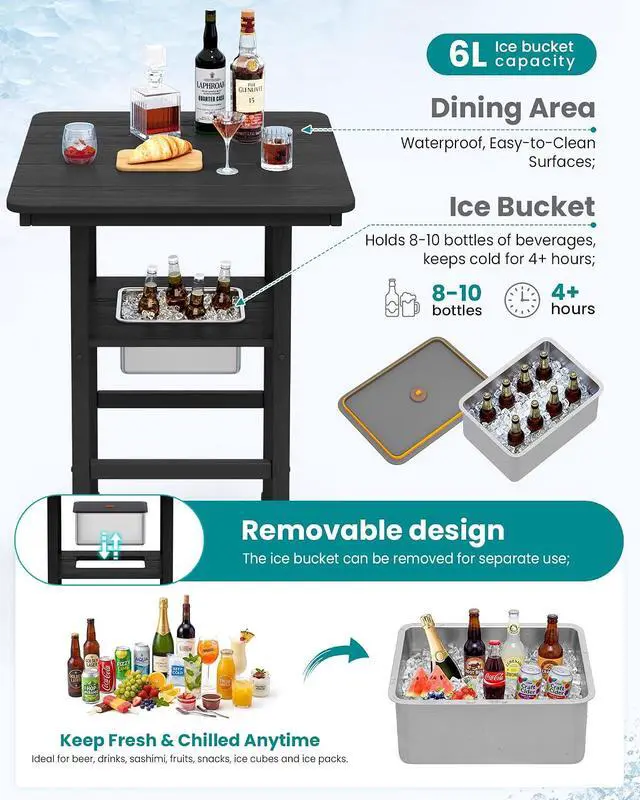 Alt view image 3 of 7 - Adirondack Bar Chairs and Table 5 Pieces Set, HDPE Bar Height Chairs Set of 2 and Bar Table with Ice Bucket, Outdoor Bar Stools Set for Balcony, Poolside, Backyard, Black