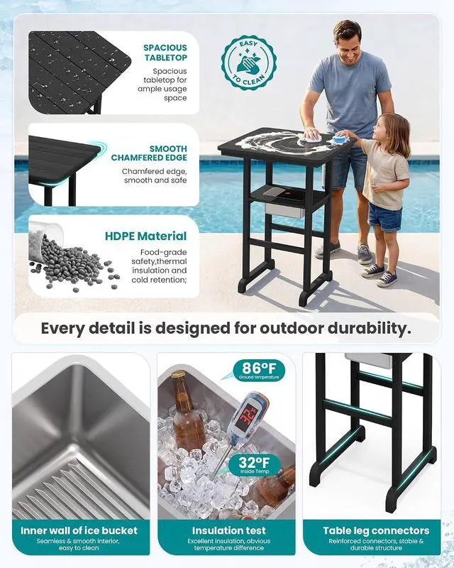 Alt view image 4 of 7 - Adirondack Bar Chairs and Table 5 Pieces Set, HDPE Bar Height Chairs Set of 2 and Bar Table with Ice Bucket, Outdoor Bar Stools Set for Balcony, Poolside, Backyard, Black