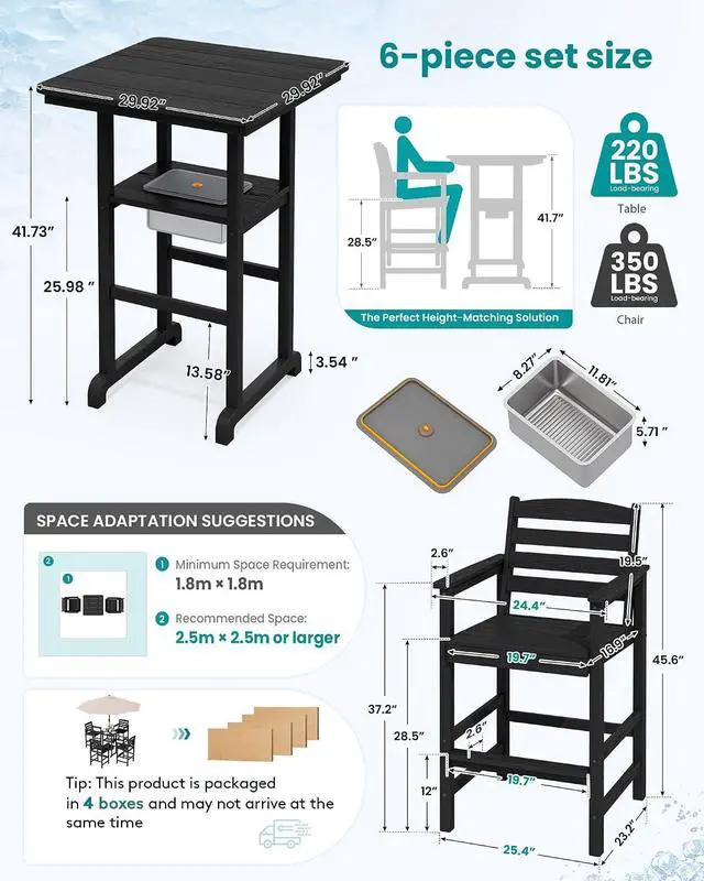 Alt view image 3 of 7 - Adirondack Bar Chairs and Table 5 Pieces Set with Umbrella, HDPE Bar Height Chairs Set of 2 and Bar Table with Ice Bucket, Outdoor Bar Stools Set for Balcony, Poolside, Backyard, Black