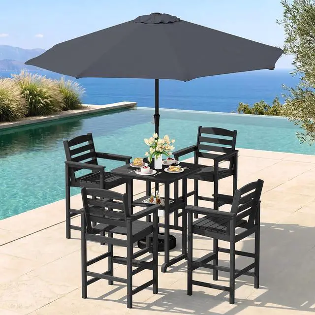 Main image of Adirondack Bar Chairs and Table 5 Pieces Set with Umbrella, HDPE Bar Height Chairs Set of 2 and Bar Table with Ice Bucket, Outdoor Bar Stools Set for Balcony, Poolside, Backyard, Black