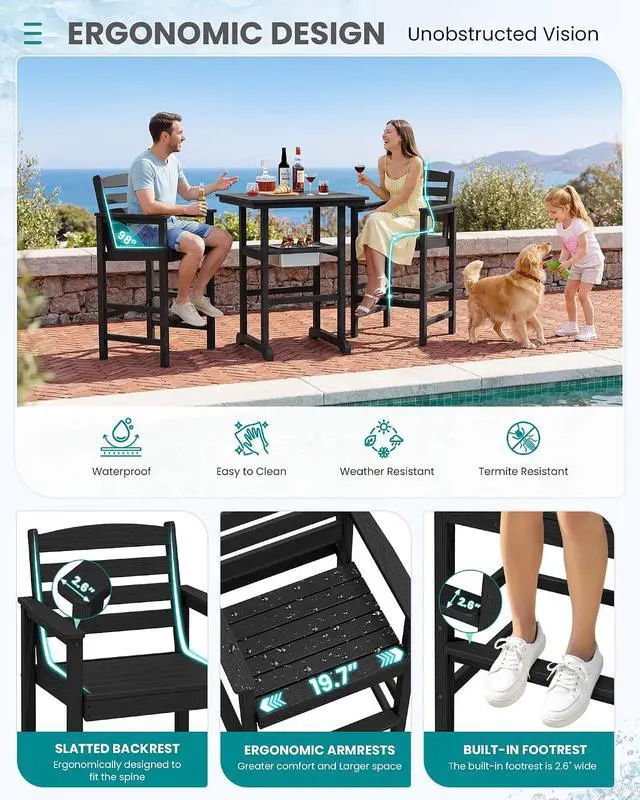 Alt view image 5 of 7 - Adirondack Bar Chairs and Table 5 Pieces Set, HDPE Bar Height Chairs Set of 2 and Bar Table with Ice Bucket, Outdoor Bar Stools Set for Balcony, Poolside, Backyard, Black