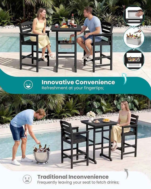 Alt view image 6 of 7 - Adirondack Bar Chairs and Table 5 Pieces Set, HDPE Bar Height Chairs Set of 2 and Bar Table with Ice Bucket, Outdoor Bar Stools Set for Balcony, Poolside, Backyard, Black