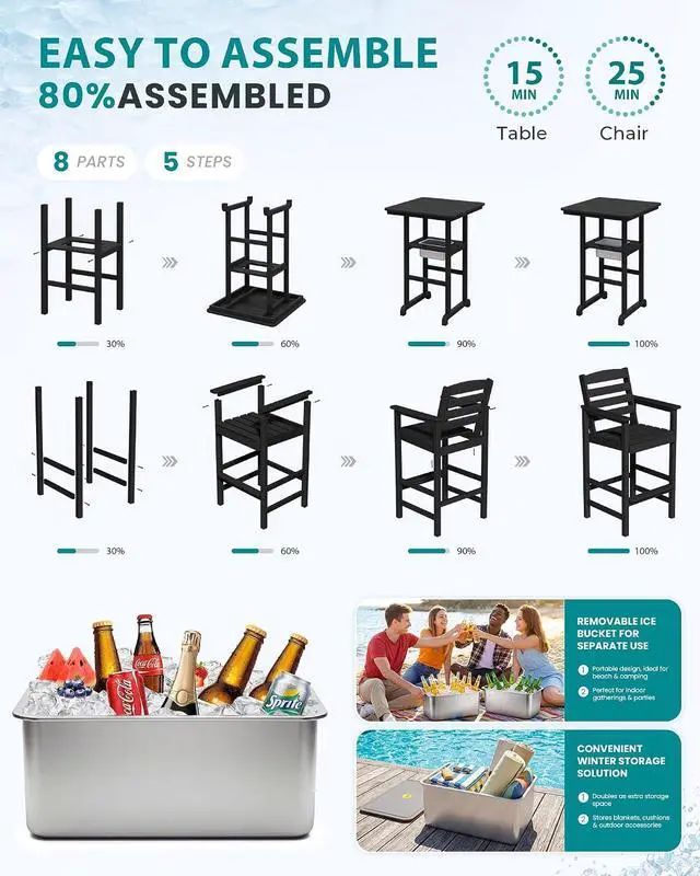 Alt view image 7 of 7 - Adirondack Bar Chairs and Table 5 Pieces Set, HDPE Bar Height Chairs Set of 2 and Bar Table with Ice Bucket, Outdoor Bar Stools Set for Balcony, Poolside, Backyard, Black