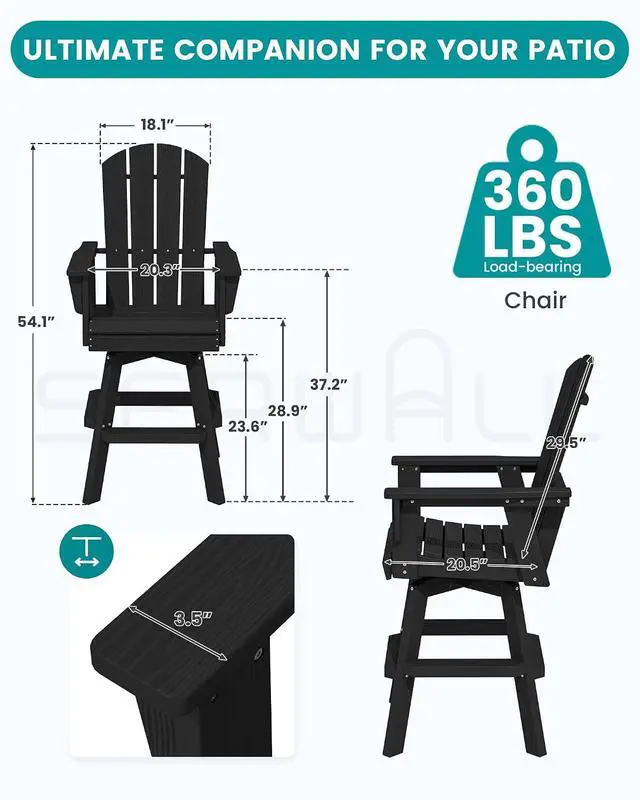 Alt view image 2 of 7 - HDPE Swivel Adirondack Bar Chair, Swivel Outdoor Bar Height Barstools, Balcony Adirondack Chair for Bistro, Poolside, Garden, Black