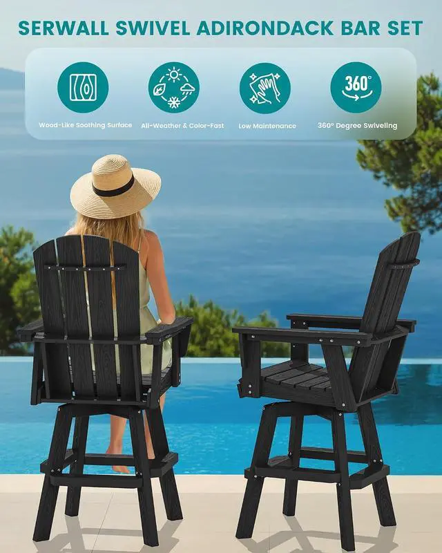 Alt view image 7 of 7 - HDPE Swivel Adirondack Bar Chair, Swivel Outdoor Bar Height Barstools, Balcony Adirondack Chair for Bistro, Poolside, Garden, Black