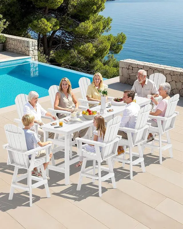 Alt view image 5 of 7 - 3-Piece Swivel Adirondack Bar Set, HDPE Swivel Bar Height Chairs Set of 2 with Bar Table, All-Weather Outdoor Barstools for Patio, Poolside, Garden, White