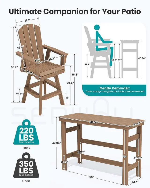 Alt view image 2 of 7 - 5-Piece Swivel Adirondack Bar Set, HDPE Swivel Bar Height Chairs Set of 4 with Bar Table, All-Weather Outdoor Barstools for Patio, Poolside, Garden, Brown