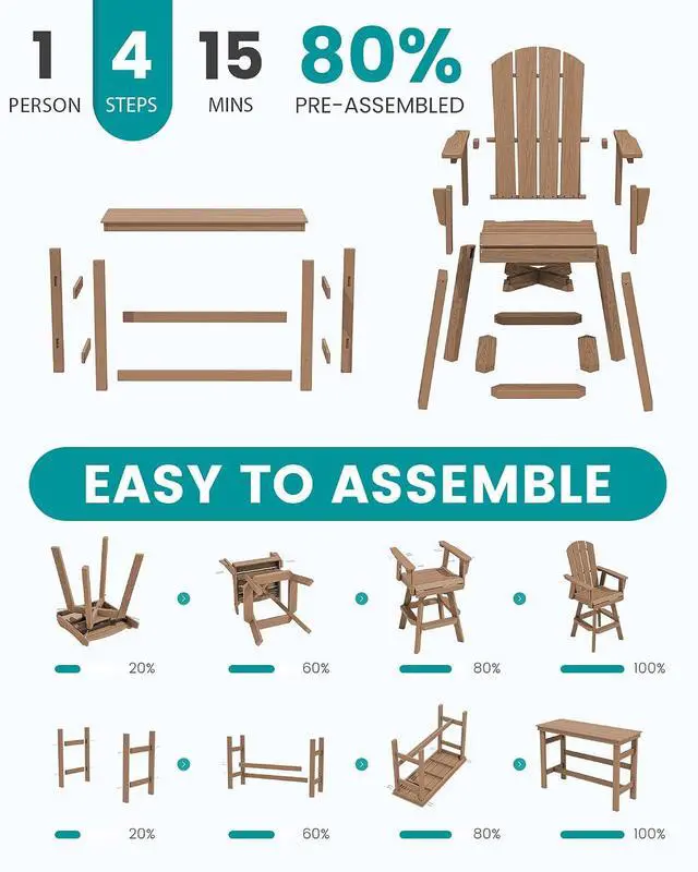 Alt view image 6 of 7 - 5-Piece Swivel Adirondack Bar Set, HDPE Swivel Bar Height Chairs Set of 4 with Bar Table, All-Weather Outdoor Barstools for Patio, Poolside, Garden, Brown