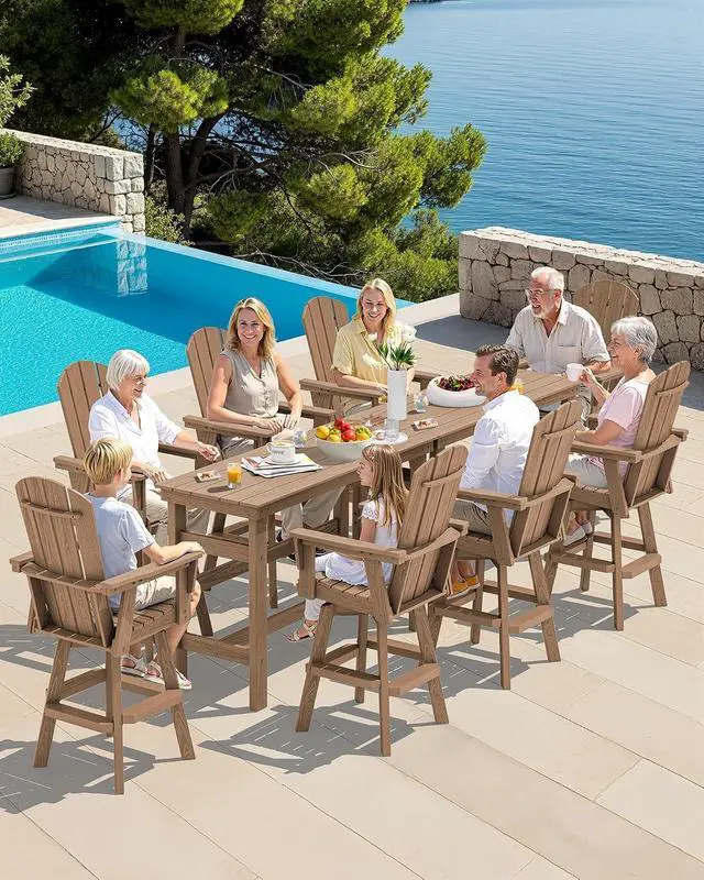 Alt view image 5 of 7 - 5-Piece Swivel Adirondack Bar Set, HDPE Swivel Bar Height Chairs Set of 4 with Bar Table, All-Weather Outdoor Barstools for Patio, Poolside, Garden, Brown