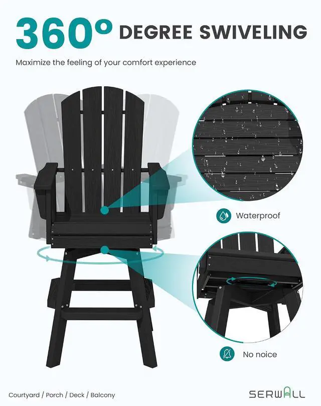 Alt view image 3 of 7 - HDPE Swivel Adirondack Bar Chair, Swivel Outdoor Bar Height Barstools, Balcony Adirondack Chair for Bistro, Poolside, Garden, Black