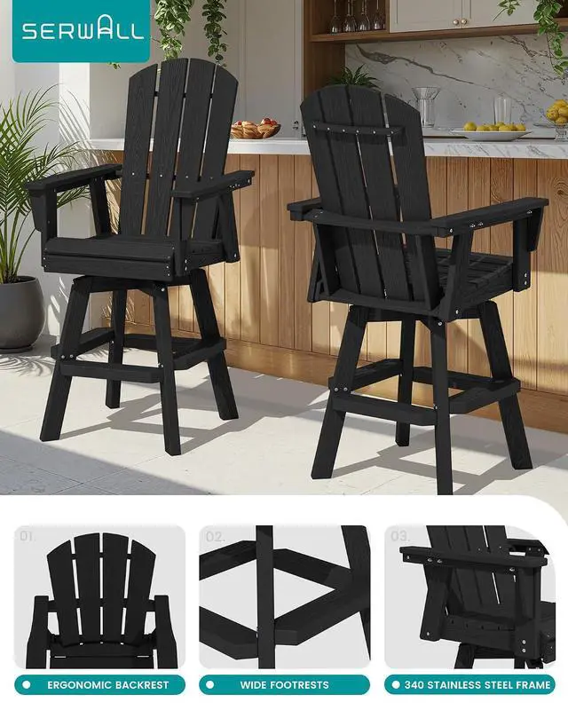 Alt view image 4 of 7 - HDPE Swivel Adirondack Bar Chair, Swivel Outdoor Bar Height Barstools, Balcony Adirondack Chair for Bistro, Poolside, Garden, Black
