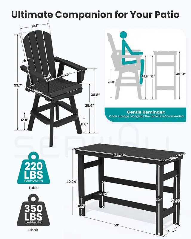 Alt view image 2 of 7 - 3-Piece Swivel Adirondack Bar Set, HDPE Swivel Bar Height Chairs Set of 2 with Bar Table, All-Weather Outdoor Barstools for Patio, Poolside, Garden, Black