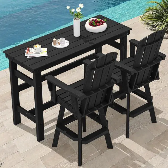 Main image of 3-Piece Swivel Adirondack Bar Set, HDPE Swivel Bar Height Chairs Set of 2 with Bar Table, All-Weather Outdoor Barstools for Patio, Poolside, Garden, Black