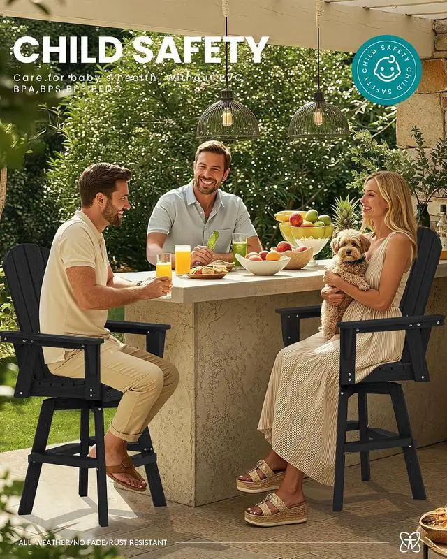 Alt view image 5 of 7 - HDPE Swivel Adirondack Bar Chair, Swivel Outdoor Bar Height Barstools, Balcony Adirondack Chair for Bistro, Poolside, Garden, Black