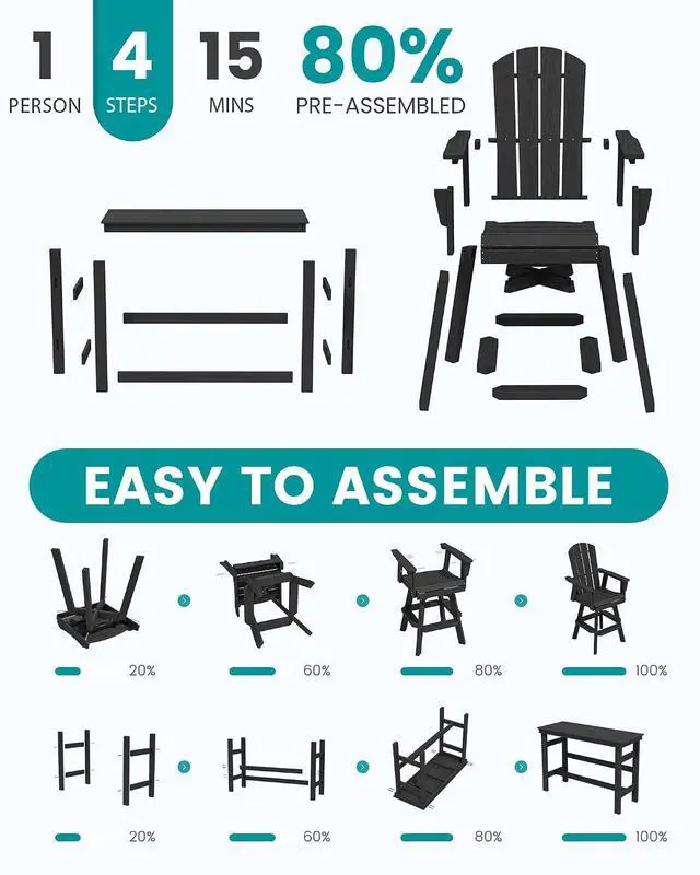 Alt view image 6 of 7 - 3-Piece Swivel Adirondack Bar Set, HDPE Swivel Bar Height Chairs Set of 2 with Bar Table, All-Weather Outdoor Barstools for Patio, Poolside, Garden, Black