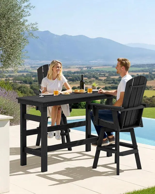 Alt view image 5 of 7 - 3-Piece Swivel Adirondack Bar Set, HDPE Swivel Bar Height Chairs Set of 2 with Bar Table, All-Weather Outdoor Barstools for Patio, Poolside, Garden, Black