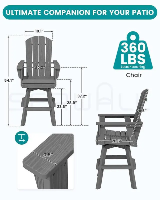 Alt view image 2 of 7 - HDPE Swivel Adirondack Bar Chair, Swivel Balcony Adirondack Chair, Outdoor Bar Height Barstools for Bistro, Poolside, Garden, Grey