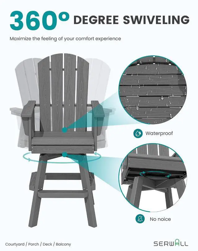 Alt view image 3 of 7 - HDPE Swivel Adirondack Bar Chair, Swivel Balcony Adirondack Chair, Outdoor Bar Height Barstools for Bistro, Poolside, Garden, Grey
