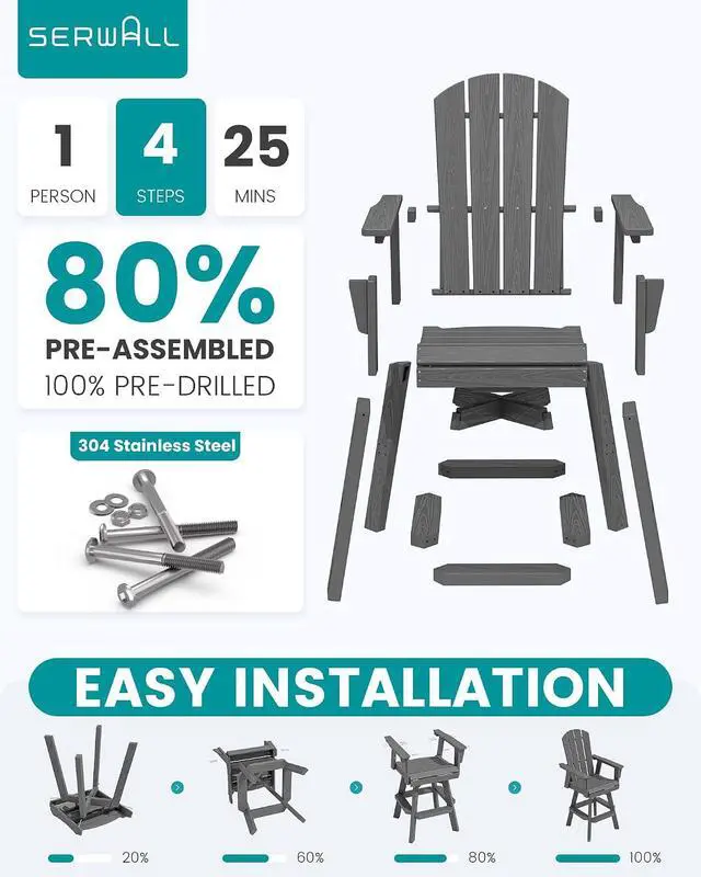 Alt view image 5 of 7 - HDPE Swivel Adirondack Bar Chair, Swivel Balcony Adirondack Chair, Outdoor Bar Height Barstools for Bistro, Poolside, Garden, Grey