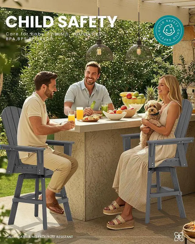 Alt view image 4 of 7 - HDPE Swivel Adirondack Bar Chair, Swivel Balcony Adirondack Chair, Outdoor Bar Height Barstools for Bistro, Poolside, Garden, Grey