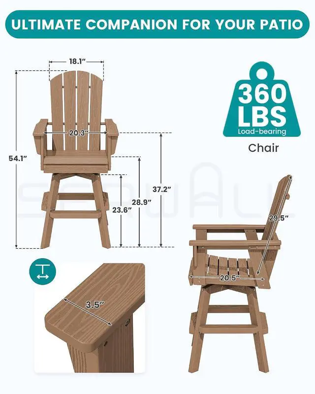 Alt view image 2 of 7 - Swivel Adirondack Barstools Set of 2, HDPE Outdoor Swivel Bar Chairs Set of 2 for Patio, Poolside, Garden, Brown