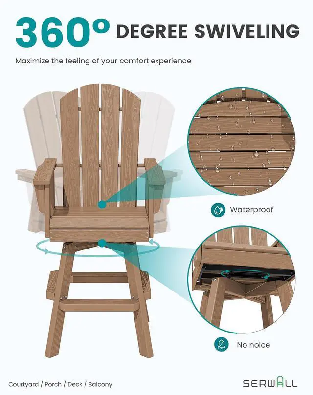 Alt view image 3 of 7 - Swivel Adirondack Barstools Set of 2, HDPE Outdoor Swivel Bar Chairs Set of 2 for Patio, Poolside, Garden, Brown