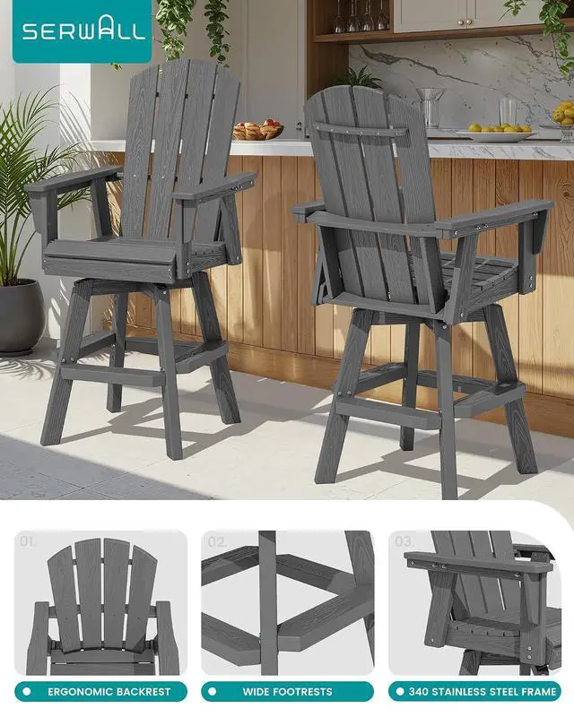 Alt view image 6 of 7 - HDPE Swivel Adirondack Bar Chair, Swivel Balcony Adirondack Chair, Outdoor Bar Height Barstools for Bistro, Poolside, Garden, Grey