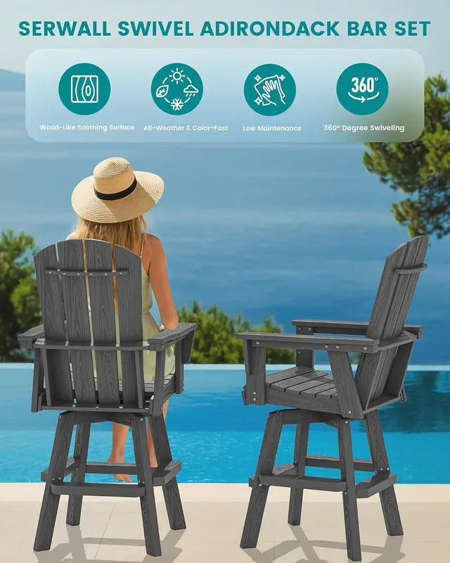 Alt view image 7 of 7 - HDPE Swivel Adirondack Bar Chair, Swivel Balcony Adirondack Chair, Outdoor Bar Height Barstools for Bistro, Poolside, Garden, Grey